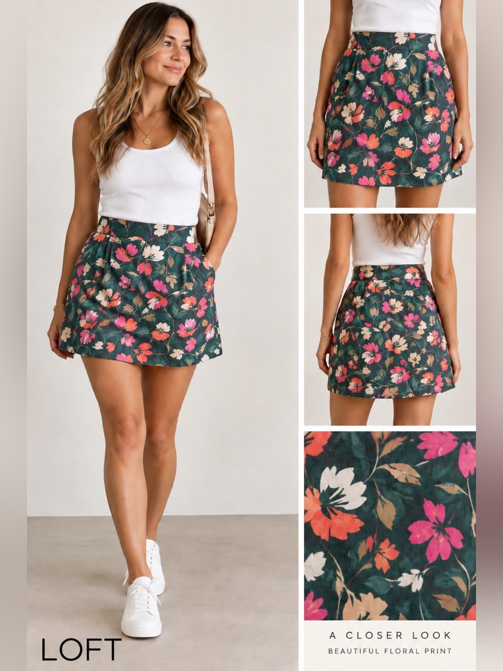 LOFT Floral Linen Blend Mini Skirt Size xs Green Pink Pleated A-Line pockets